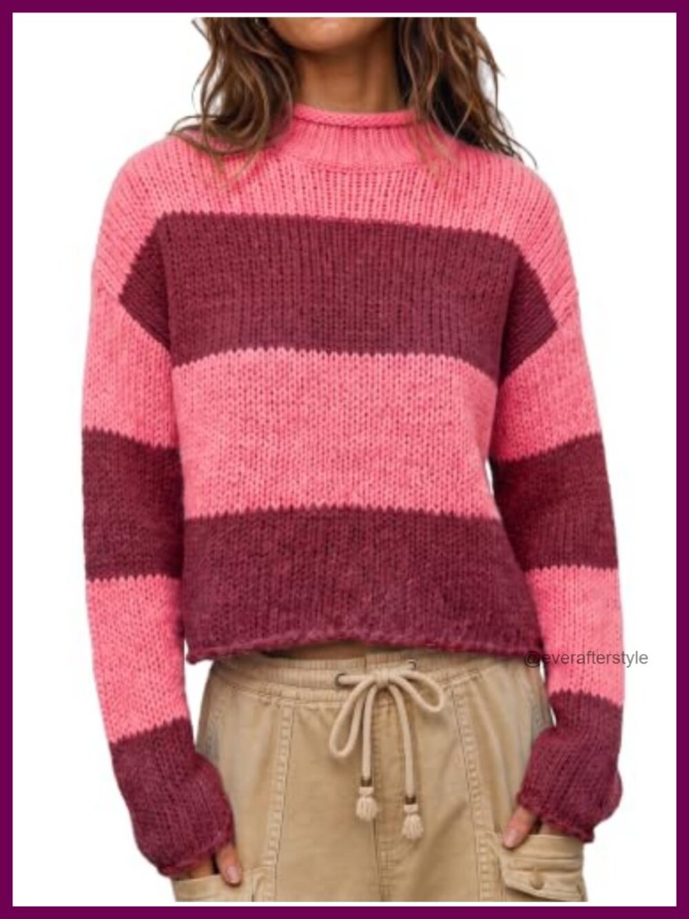 Chunky Knit Striped Pullover Sweater with Rolled Mock Neck, Long Sleeve, Y2K